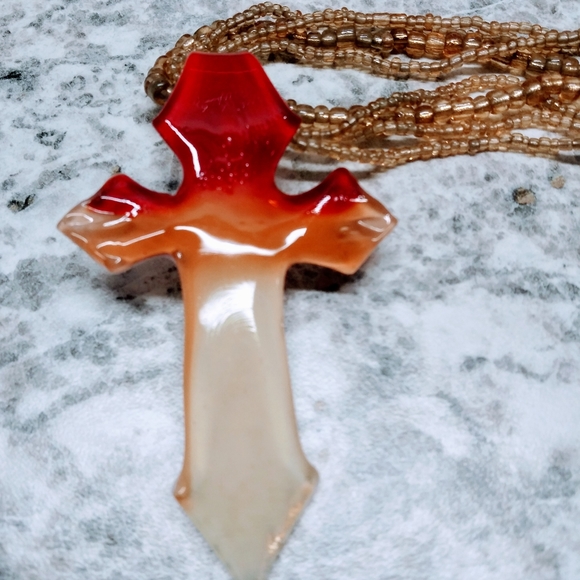 Glass Cross Necklace- Merengue Orange Red Cream - Picture 1 of 8